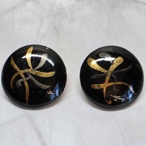 Vintage Black Gold Abstract Button Statement Earrings 1”